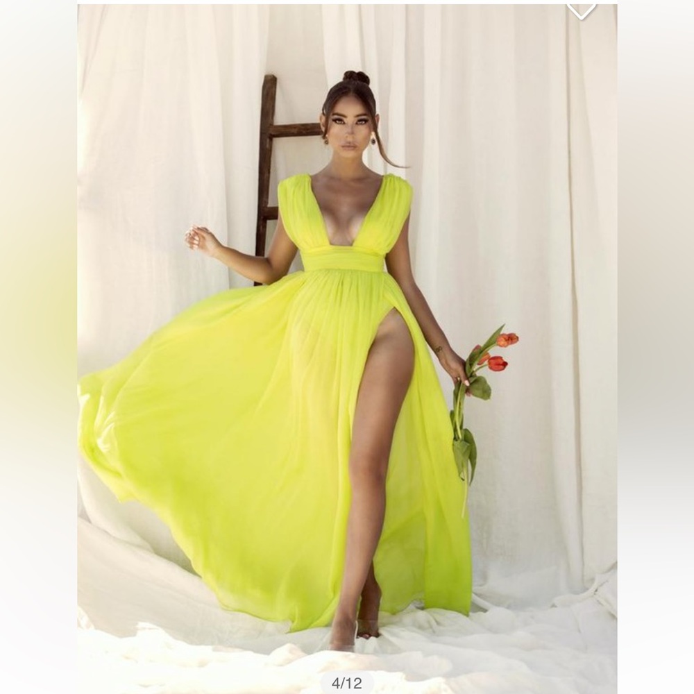 Neon Lime Plunge V-Neck Maxi Dress with High Slit